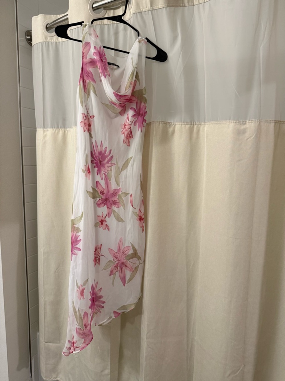 White Floral Cowl Neck Slip Dress with Pink Flowers